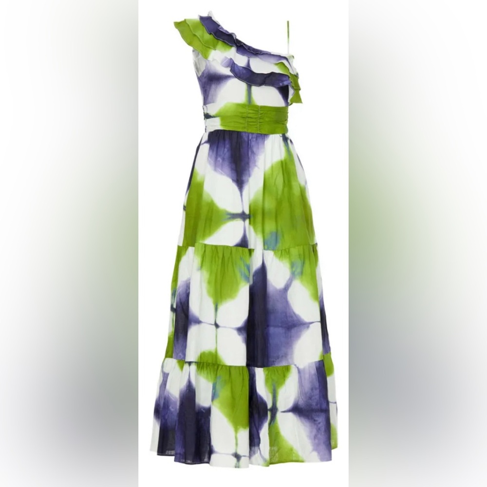 Busayo Collective Ruffle maxi dress patterned in Green and Blue tie-dye. Size 6 - Picture 9 of 10